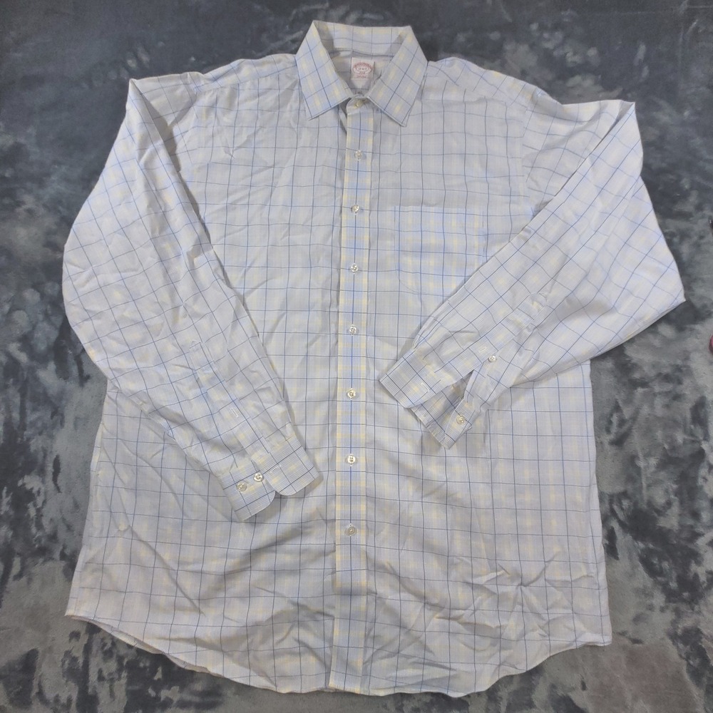 Brooks Brothers 346 Dress Shirt Mens 17 36/37 Regular Fit Blue Yellow Check